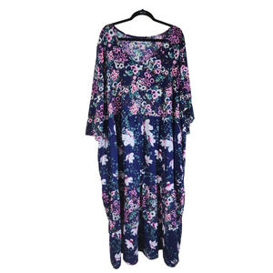Ulla Popken Womens Plus Size Midi Dress 32 34 Floral Blue Pockets 3/4 Sleeves